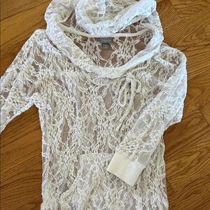 Vanity Sheer Creamy White Lace Hoodie 3/4 Sleeve Top